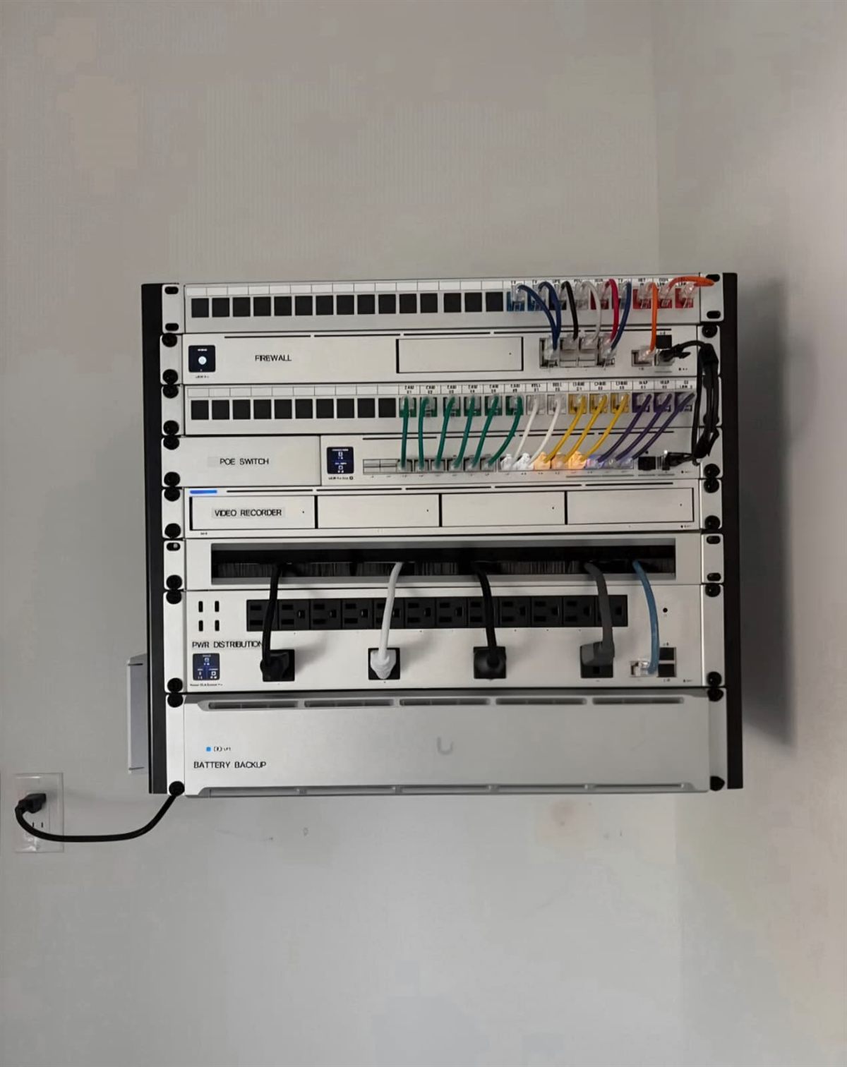 Complete Ubiquiti UniFi stack wall-mounted by Anfield IT — firewall, PoE switch, NVR, PDU and UPS in a compact wall rack